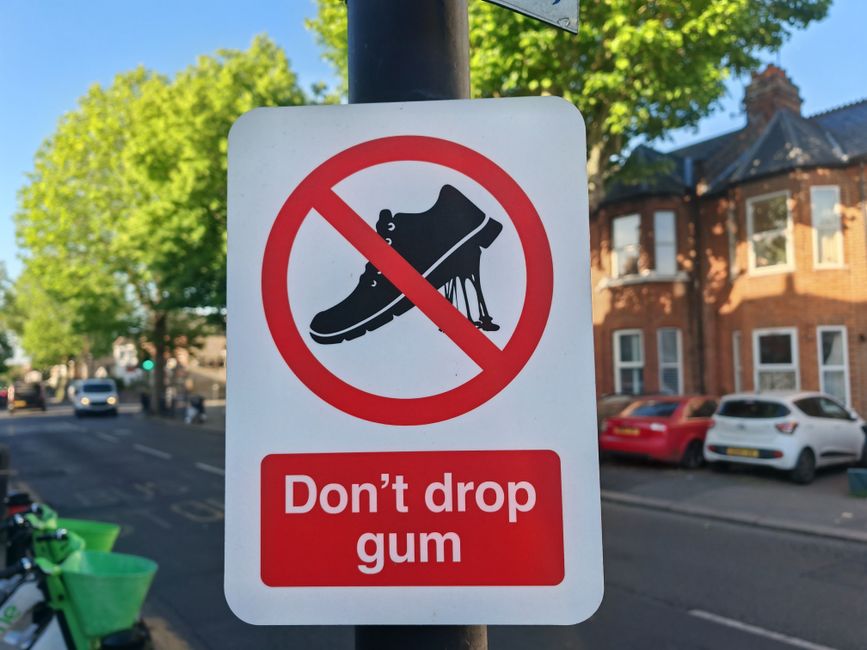 A rectangular white sign mounted on a black pole in an outdoor urban setting displays a black silhouette of a shoe with a dripping gum base crossed out by a red circle and slash. Beneath the symbol, a red rectangular label with white text reads 'Don’t drop gum.' In the background, there are green leafy trees, a clear blue sky, and residential buildings with brick facades and white-framed windows. Parked cars, including a white vehicle and a red vehicle, are visible along the street. The scene is well-lit with natural sunlight, emphasizing the sign's message to discourage littering chewing gum in the area, aligning with local waste management and rubbish removal practices.