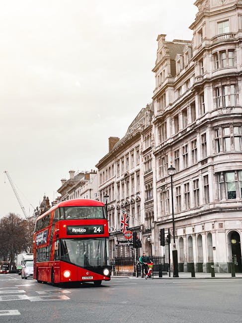 A red double-decker bus numbered 24, displaying 'Pimlico' as its destination, is traveling along a city street in front of classic Victorian-style white buildings with intricate architectural details and bay windows. The bus is in the foreground, occupying the left side of the image, with a slightly overcast sky overhead. On the right side of the street, a black lamppost and street signs are visible, along with a traffic light. In the background, there are additional vehicles, including a white van, and a construction crane can be seen in the distance. The scene captures an active urban environment typical of Westminster, London, highlighting elements related to city transportation and infrastructure, with the presence of historic architecture and busy street life consistent with contexts where private rubbish collection services like Waste Disposal Pimlico might operate for efficient waste management while on-site clearance or independent disposal options are considered.