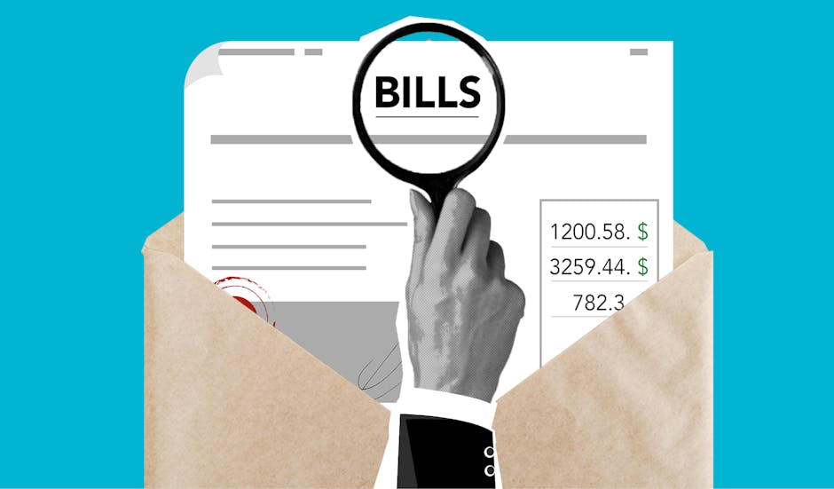 An illustration features a close-up of a hand holding a magnifying glass over a bill statement, with the word 'BILLS' prominently displayed within the lens. The hand is in grayscale, dressed in a shirt with a cuff that has visible buttons. The bill paper, partially shown inside a brown envelope, displays multiple rows of financial figures in black and green, indicating different monetary amounts. The envelope is on a flat surface with a simple, solid light blue background, emphasizing the process of scrutinizing expenses related to waste or rubbish management services, as typically associated with private waste handling or independent rubbish collection. The overall scene suggests careful review of costs, aligning with themes of transparent pricing and cost breakdowns that Waste Disposal Pimlico offers in its rubbish removal services, supporting local households or businesses seeking alternative waste disposal solutions.