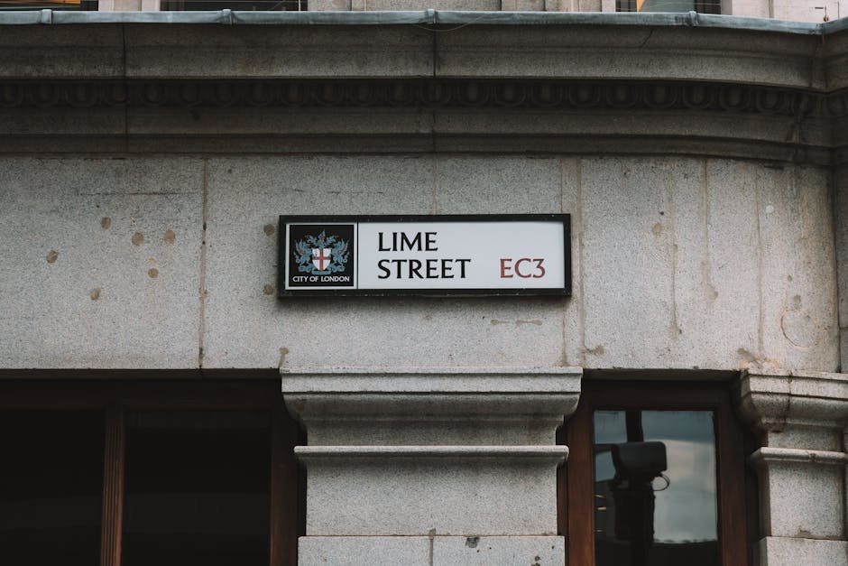 A rectangular street sign mounted on a light grey stone building facade, displaying the words 'LIME STREET' in bold black letters, with the postal code 'EC3' in red. The sign features the City of London’s crest on the left, which includes a shield with a red cross and white background, topped by a. crest with a bird and a cross. The building surface has a textured appearance with visible stains and weathering, and is bordered at the top by a darker, smooth molded trim. Below the sign, part of a window with a dark wooden frame and slightly reflective glass is visible, showing some interior details. The photograph captures an urban environment that could relate to infrastructure or city signage, showing clean, professional detailing relevant to property and civic management, with subtle references to the city's jurisdiction, supporting contexts like private waste management or municipal signage for local areas.