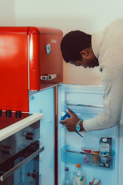 A man with dark curly hair and medium skin tone is leaning over an open, empty refrigerator with a blue interior, inspecting the shelves. He is wearing a light gray sweater, a silver watch on his left wrist, and appears to be in a kitchen with a white wall background. To the left of the refrigerator, a white kitchen counter with a black stove featuring black control knobs and a metallic finish is partially visible. On top of the refrigerator, there is a red microwave with a reflective metallic handle, a small digital display, and a sticker on its door. The scene is lit with natural or soft indoor lighting, and the environment suggests a typical domestic kitchen. Although the focus is on the individual and kitchen appliances, the setting remains neutral and professional, aligning with the context of waste management and disposal by illustrating typical household contents that may require rubbish removal or recycling service, as provided by Waste Disposal Pimlico.